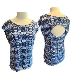 Rose & Olive Blue White Tie Dye Mini Cap Sleeve High Low Keyhole Open Back Sz L 